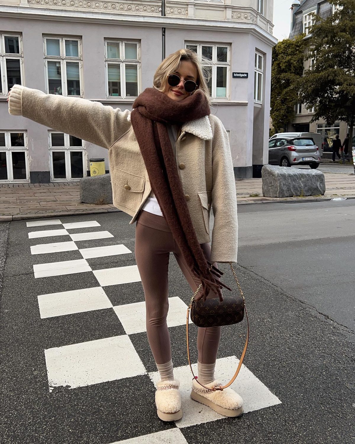 Cozy fall outfit with brown leggings and Ugg Tazz slippers