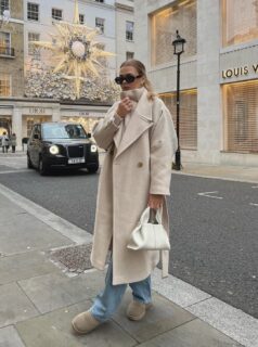 Chic winter outfit with cream coat and UGG Mini boots