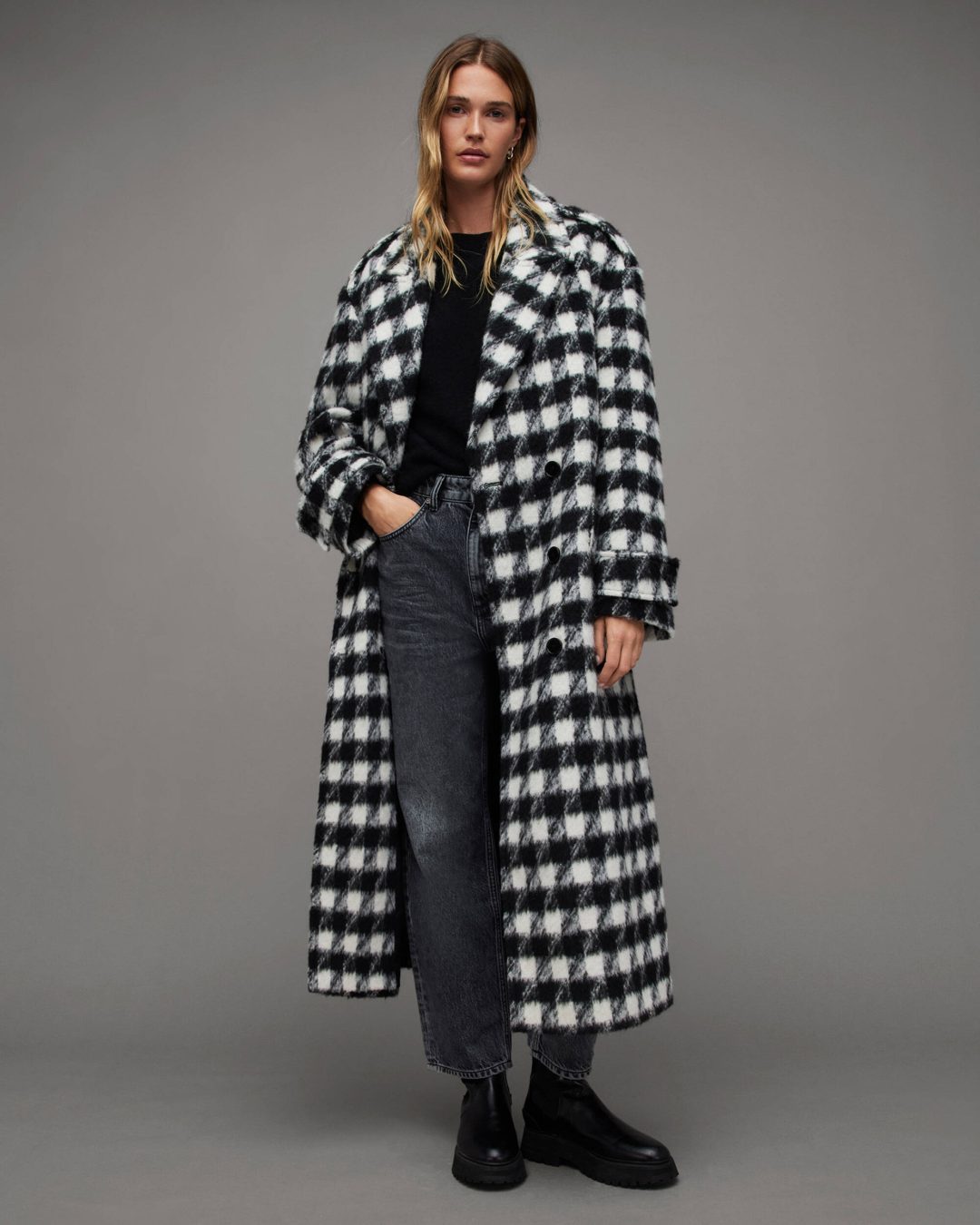 Black and white AllSaints Haithe Brushed Checked Belted Coat 