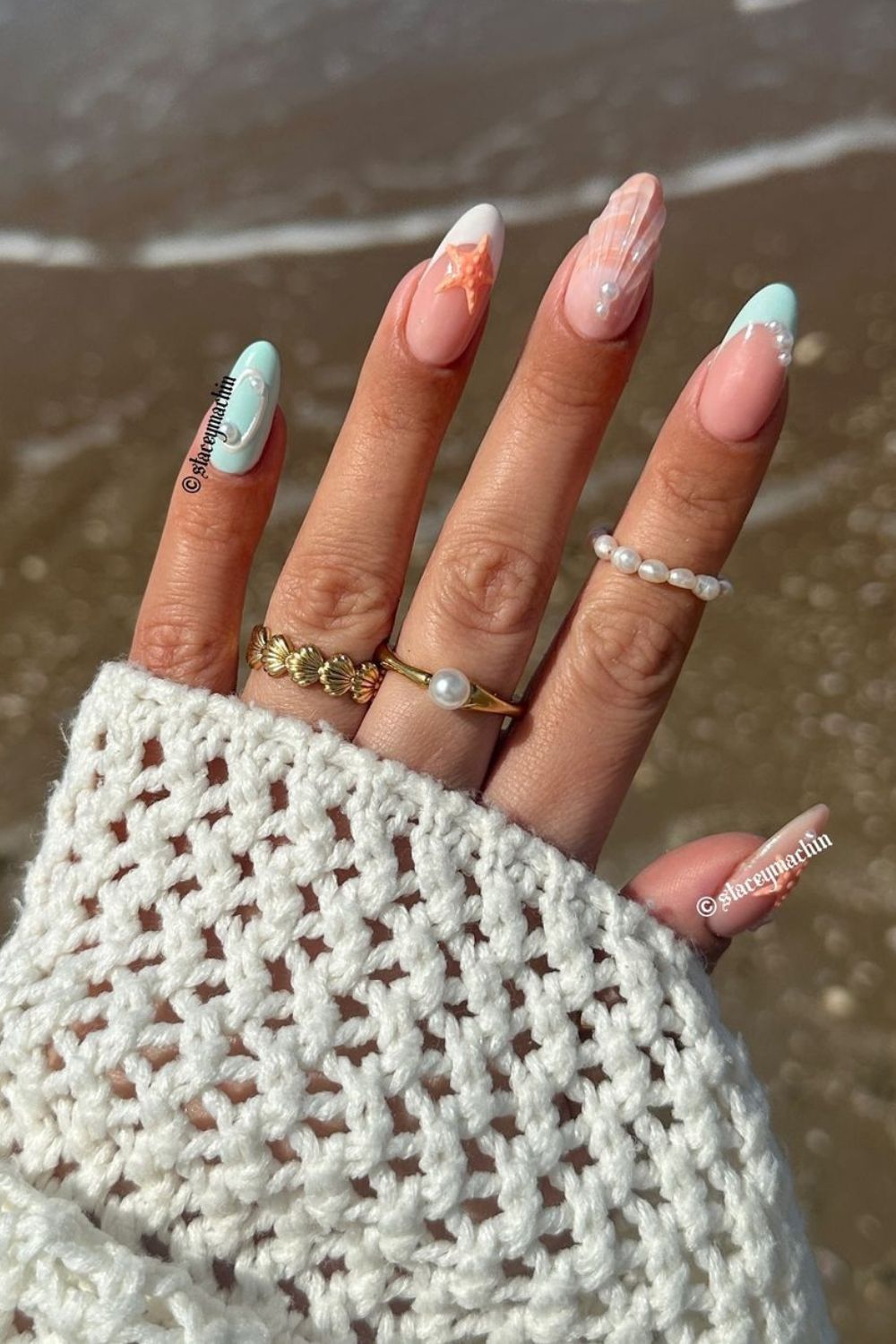 Beachy nails with pearl, seashell and starfish accents