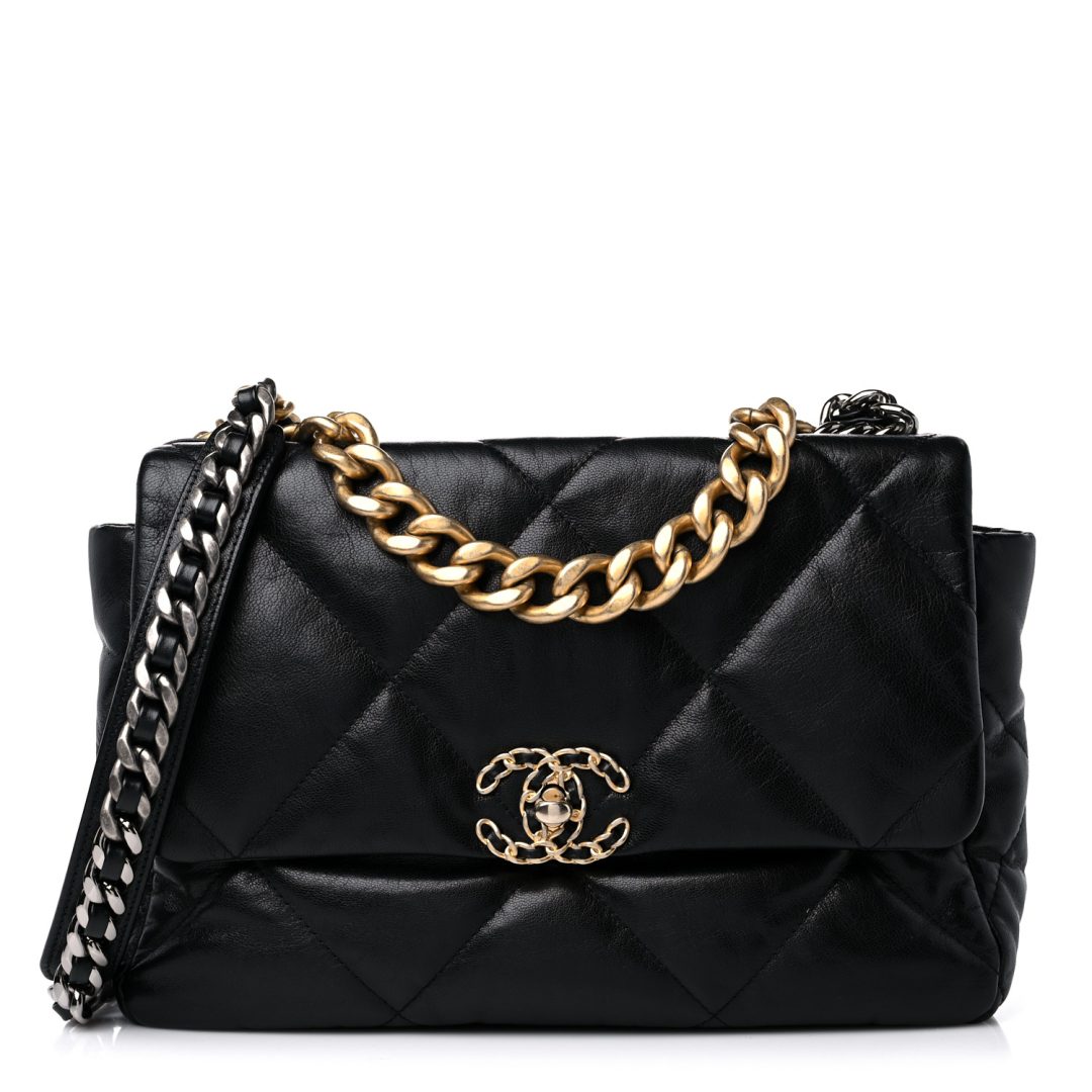 Black Chanel Goatskin Quilted Large Chanel 19 Flap 