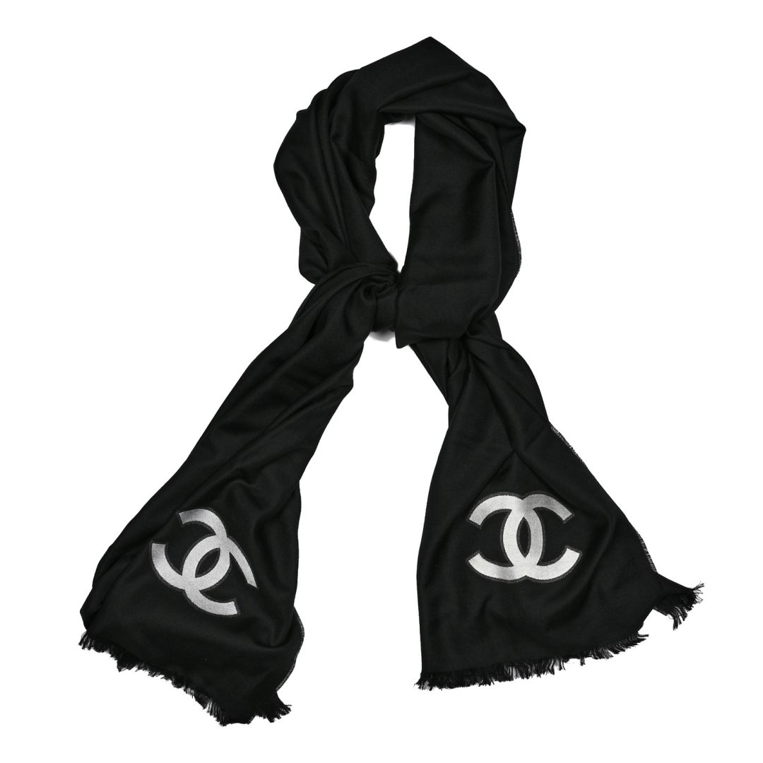 Black Chanel Cashmere Silk CC Logo Stole 