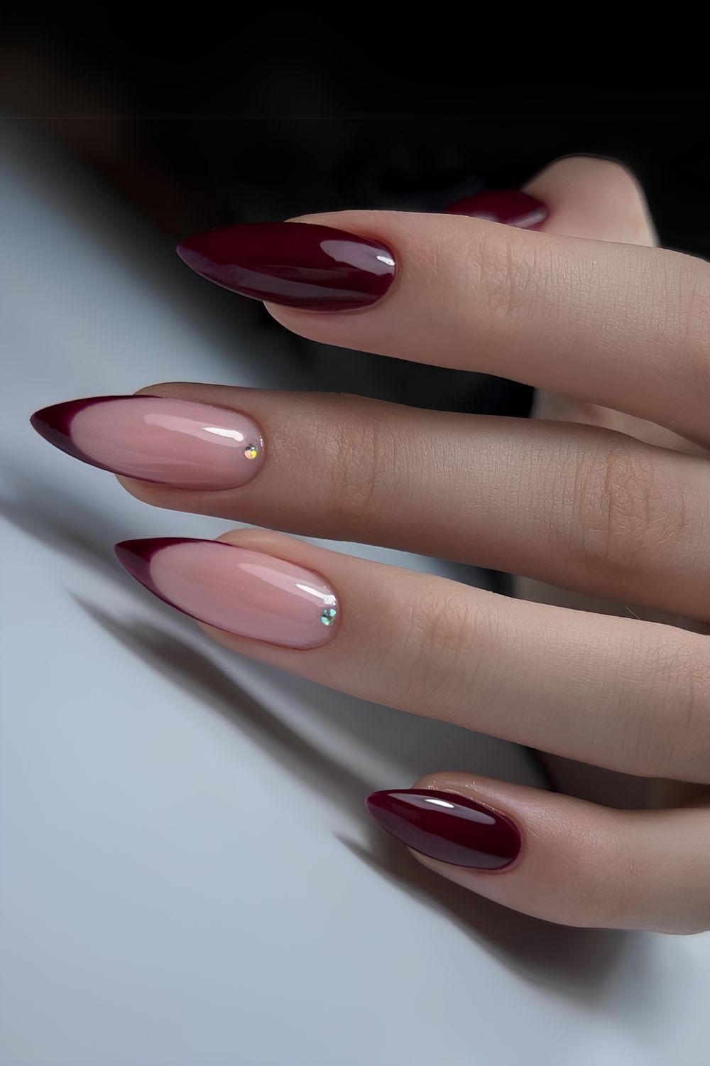 Cherry mocha nails with rhinestones