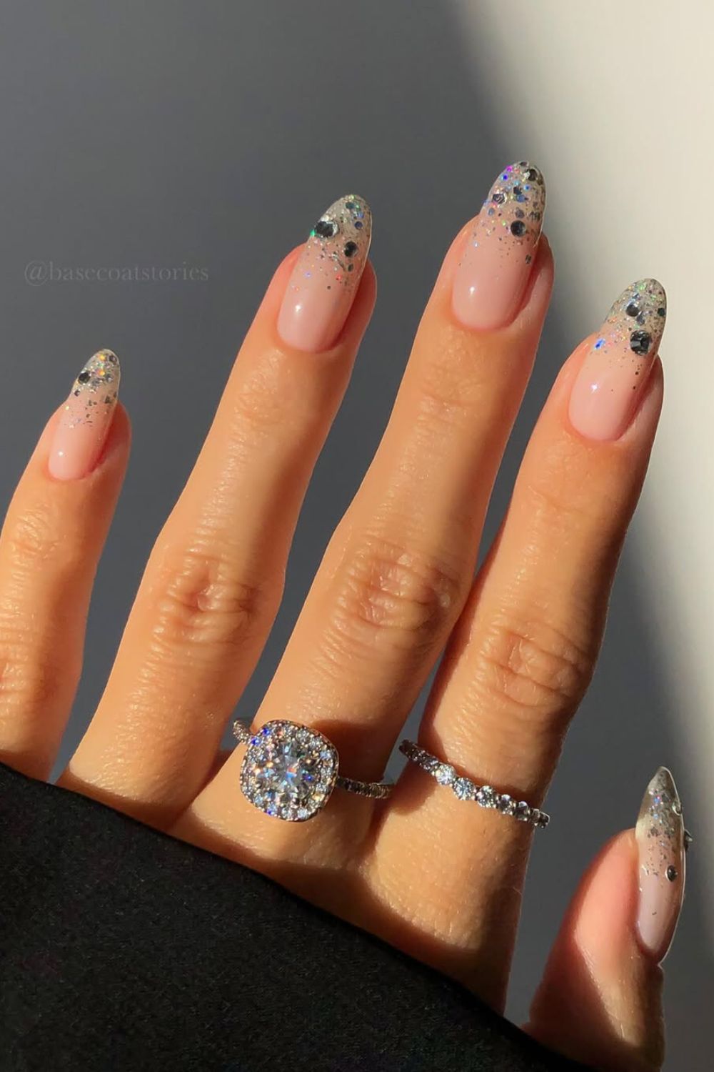 Chunky silver glitter gradient nails with silver rhinestones