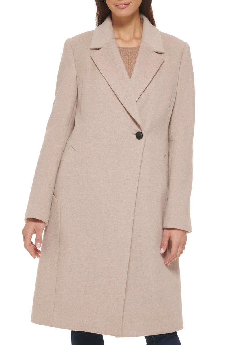 Beige Cole Haan Signature Asymmetric Slick Wool Blend Coat 