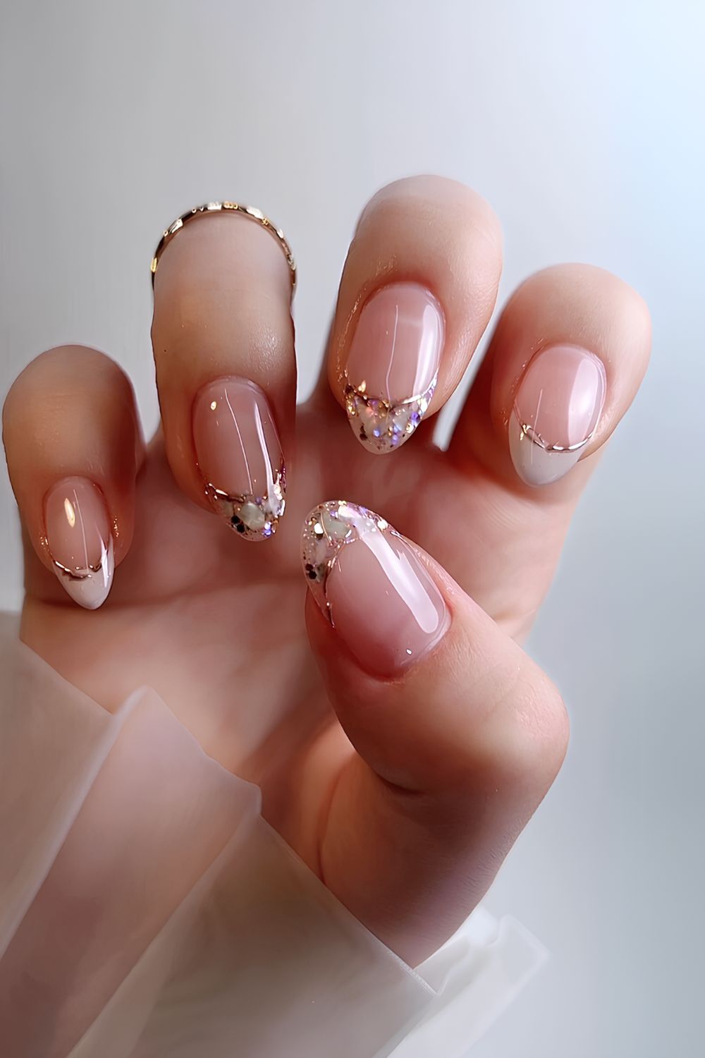 Crystal inspired gold and white French nails