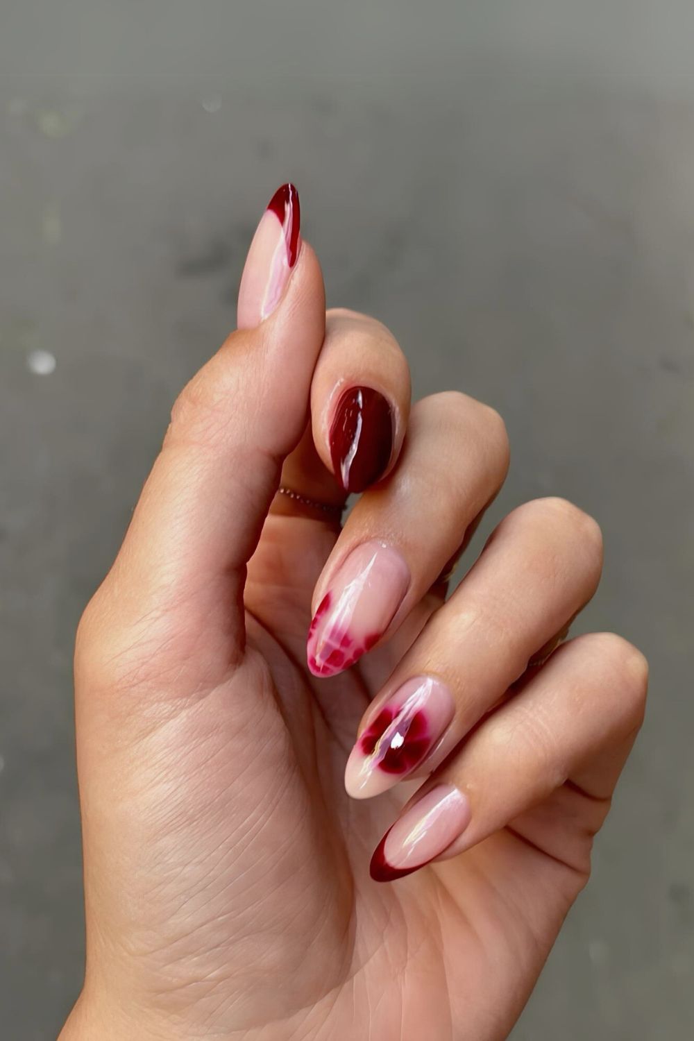 Dark red mocha mix and match nails