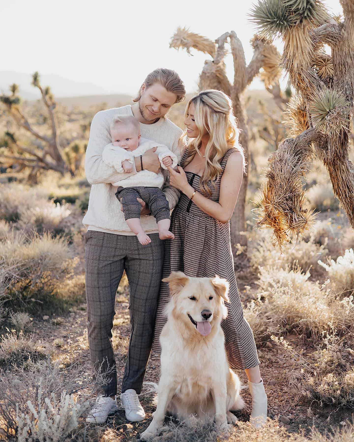 A family photoshoot with a family of three and their dog, wearing plaid, gingham, and white pieces