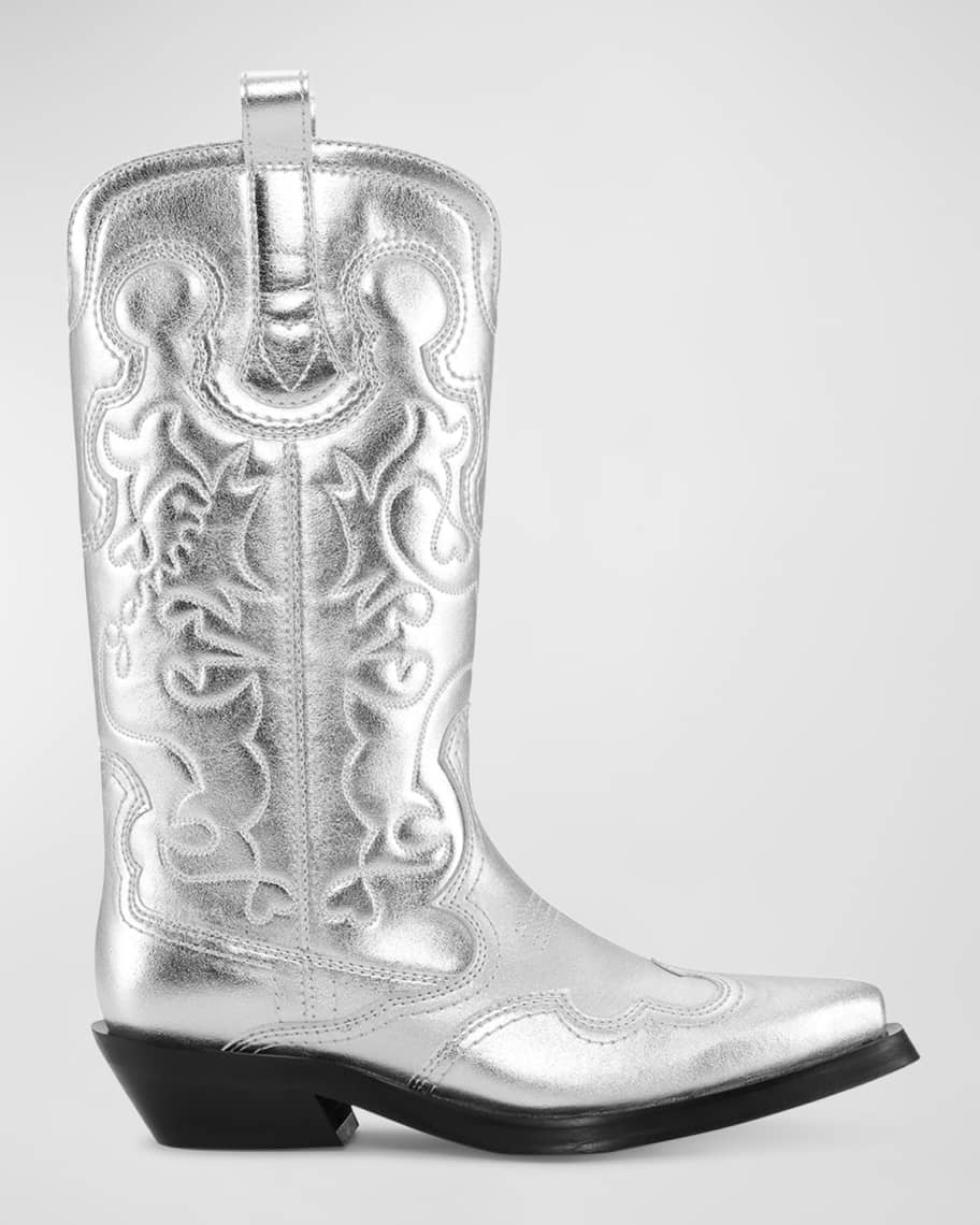 Silver Ganni Recycled Metallic Embroidered Western Boots 