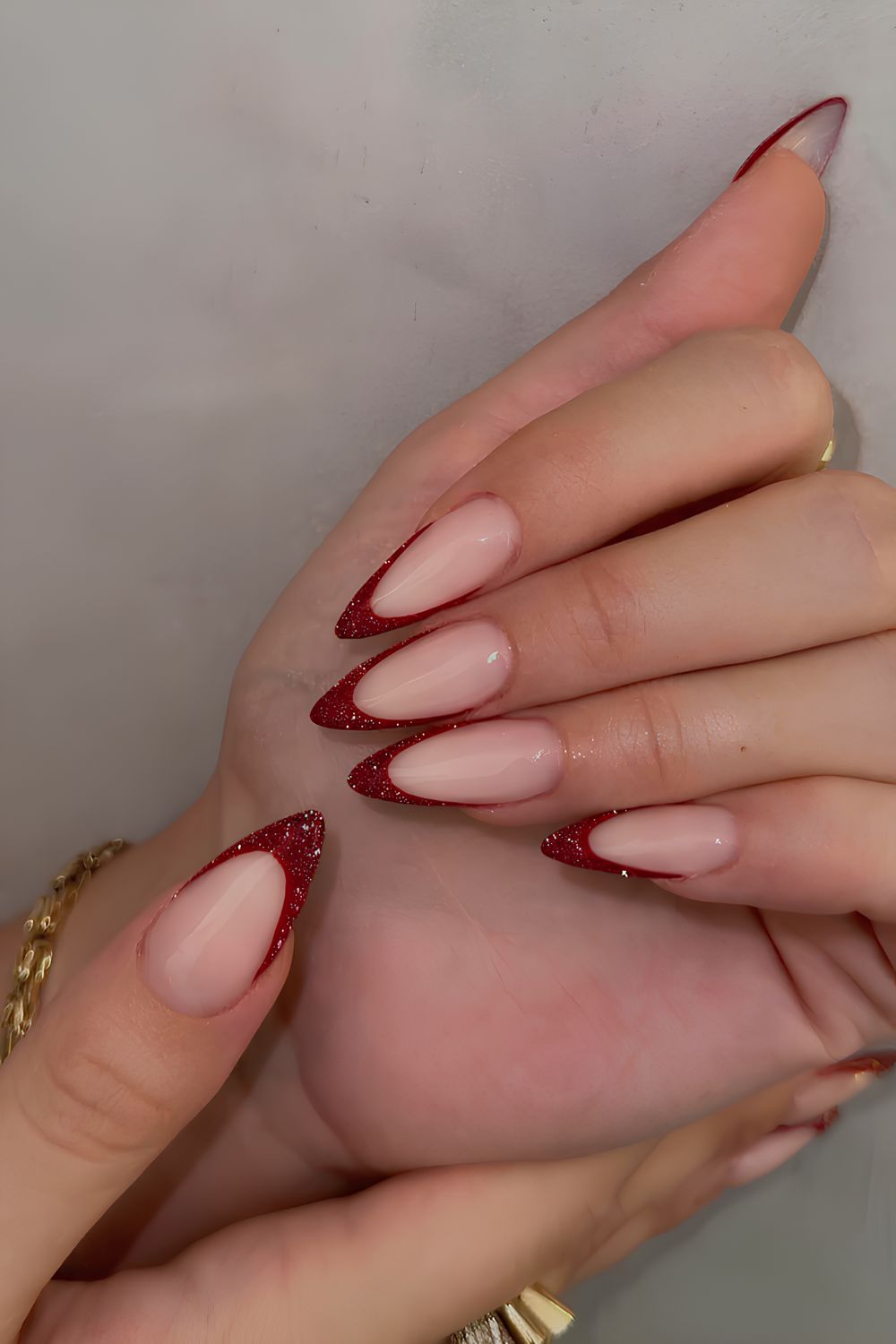 Glittery cherry red French nails