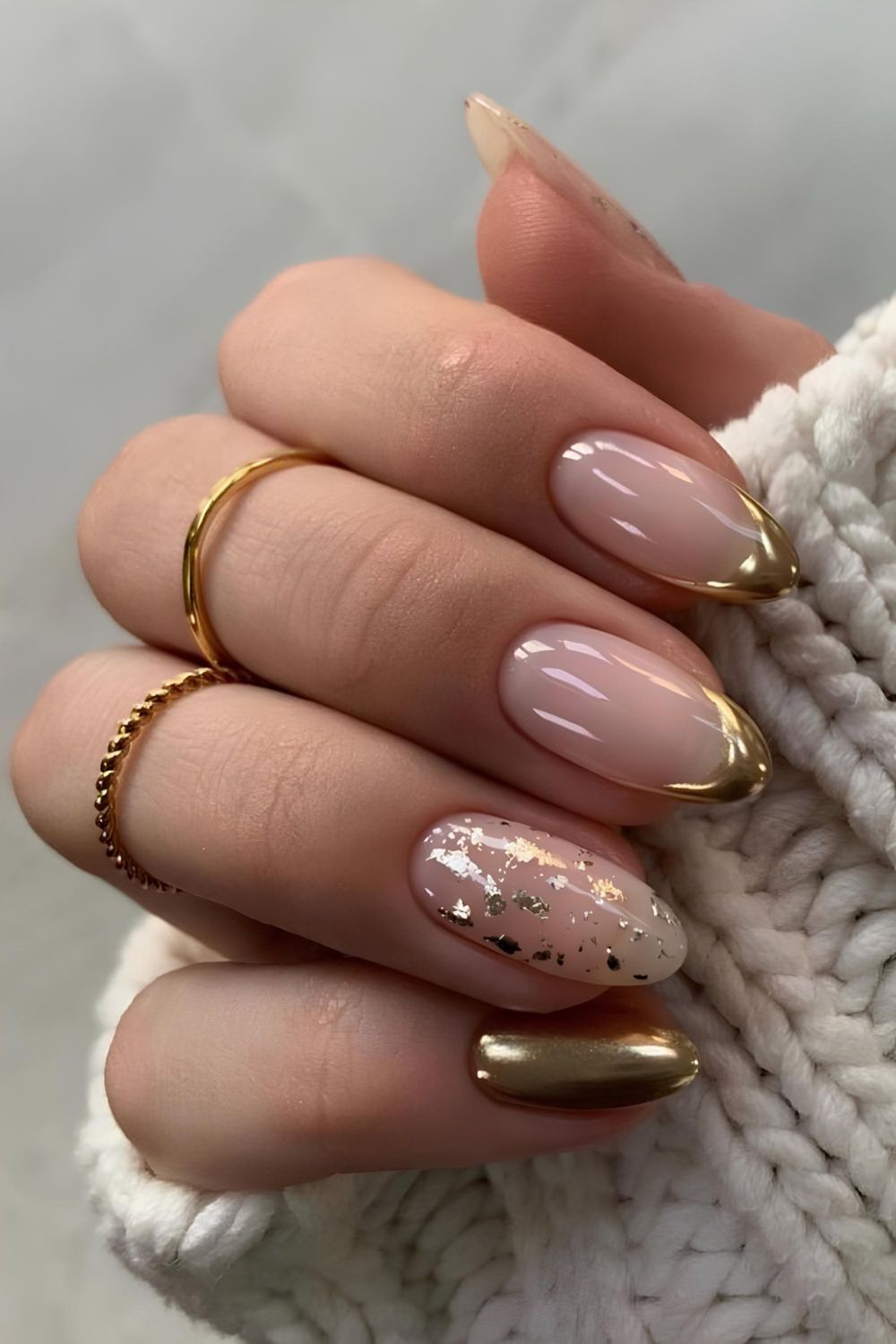 Gold Chrome French tips with gold foil flakes accent