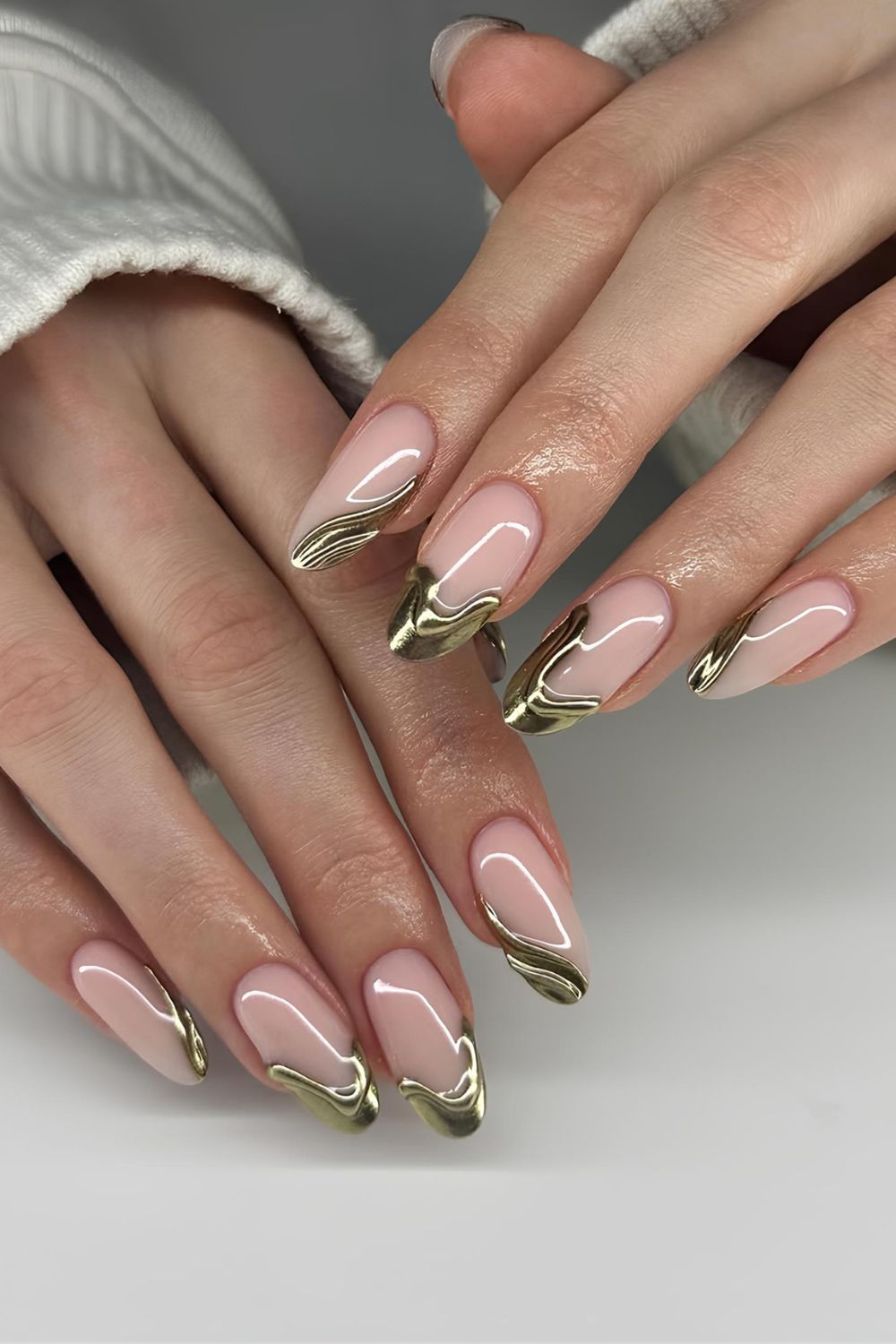 Gold chrome drip French nails