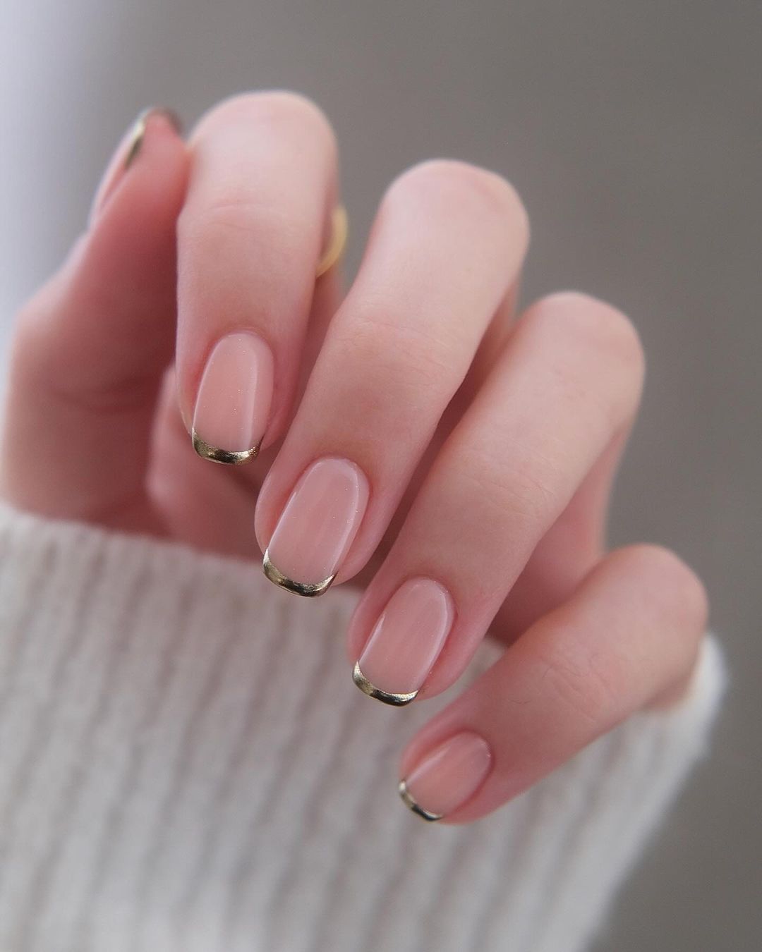 Golden Chrome French manicure on short nude nails