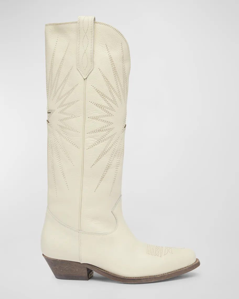 White Golden Goose Wish Star Knee Leather Cowboy Boots 