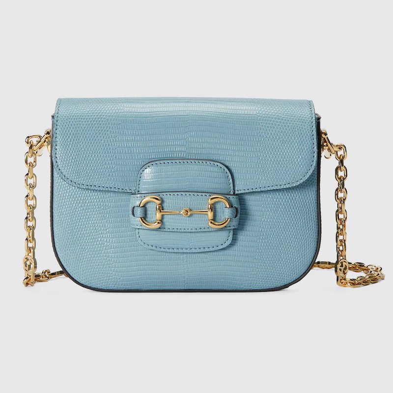 Blue Gucci Horsebit 1955 Lizard Mini Bag 