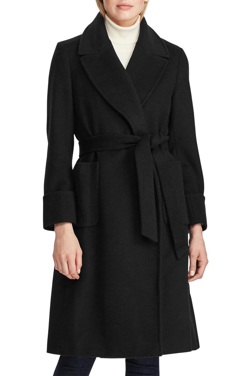 Black Lauren Ralph Lauren Wool Blend Wrap Coat 