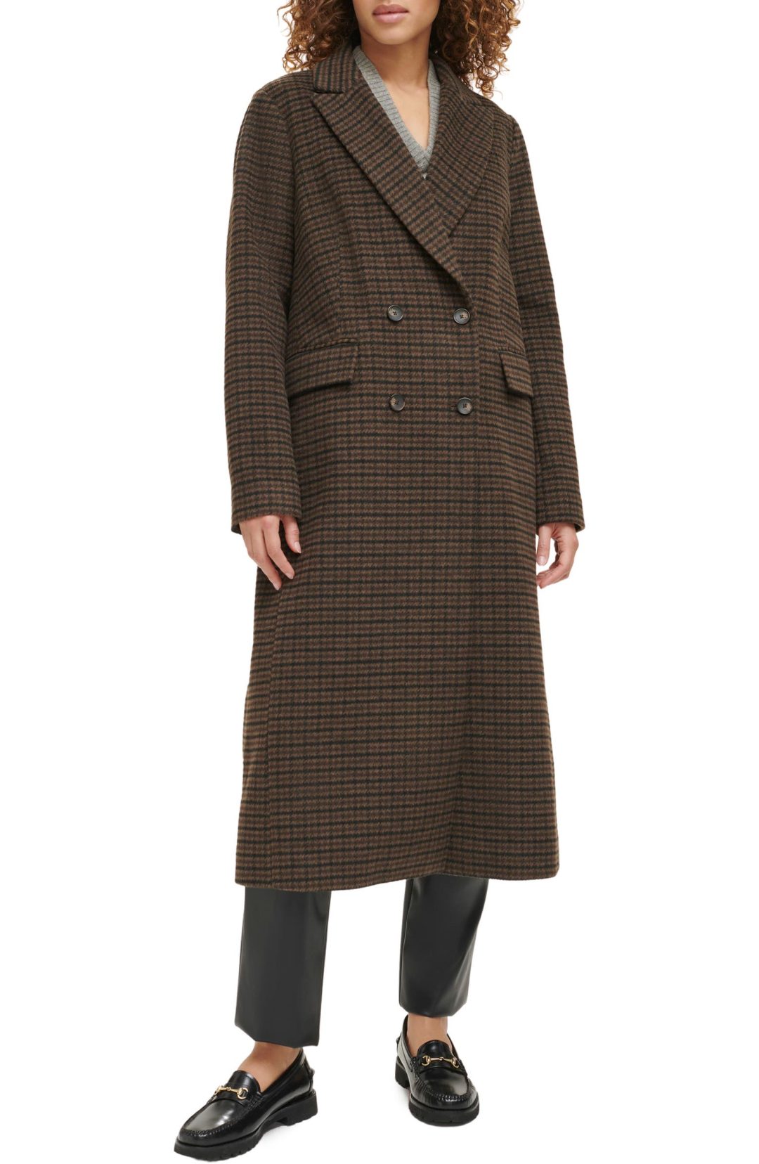 Black and brown Levi’s Houndstooth Check Double Breasted Long Coat 