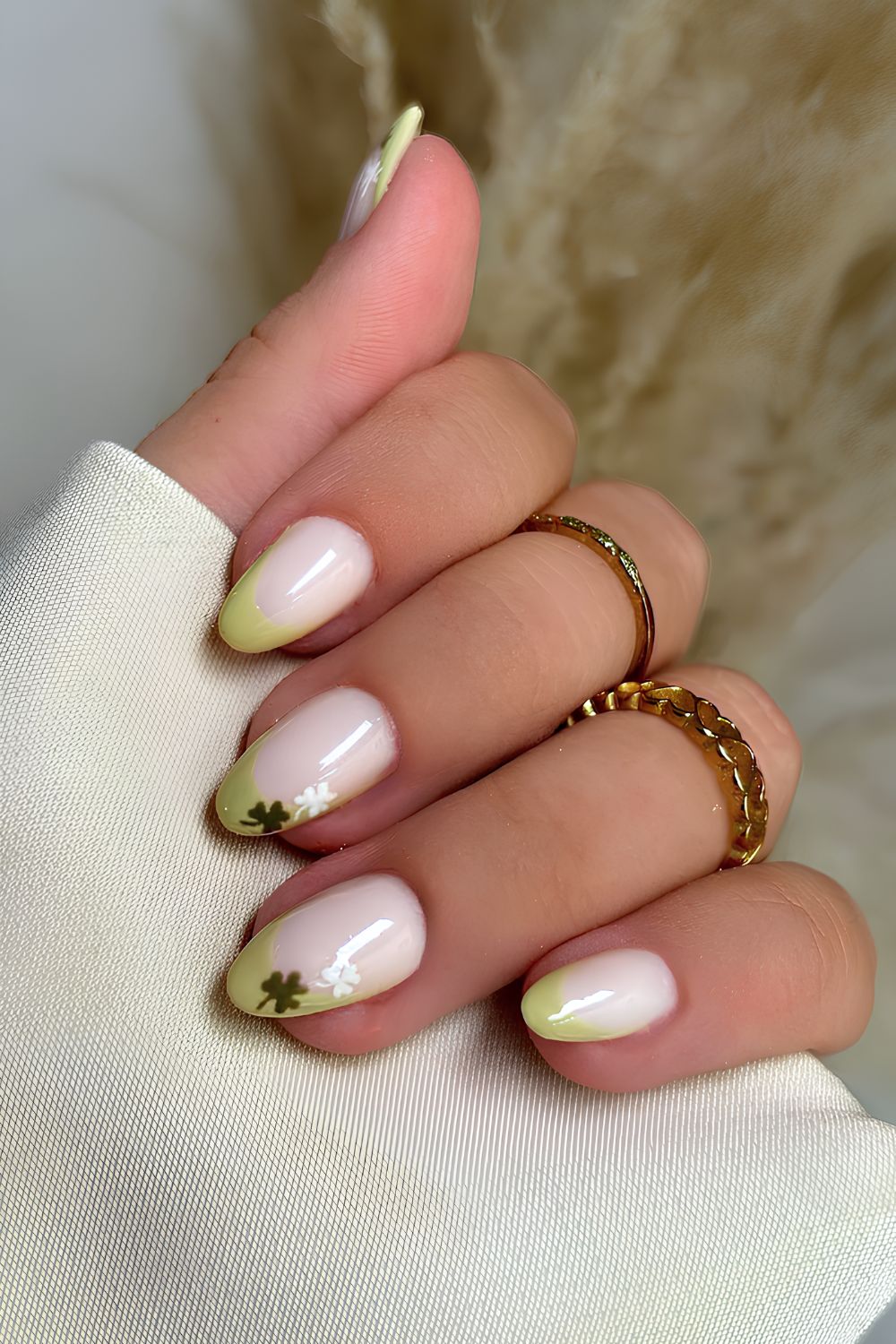 Lime green French mani with clover art