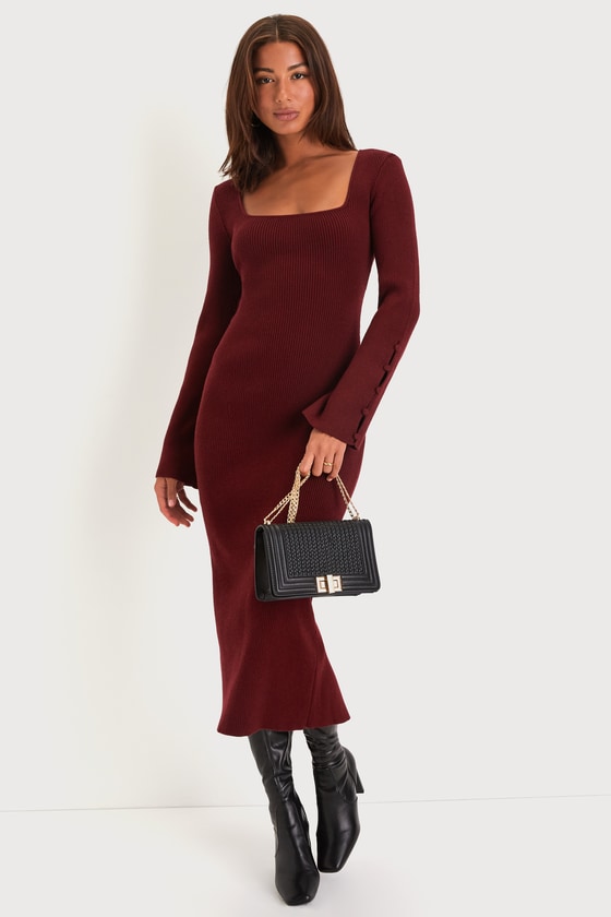 Burgundy Lulus Classy Attitude Burgundy Ribbed Square Neck Midi Sweater Dress 