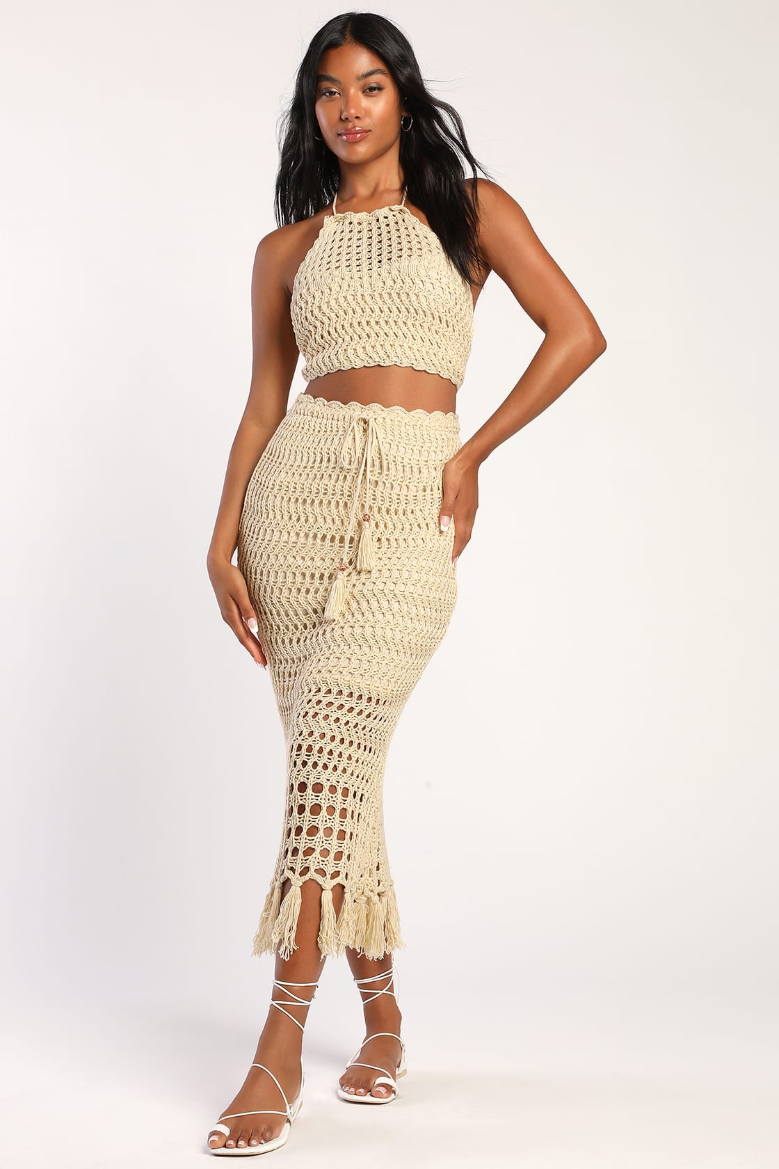 Beige Lulus Knit the Beach Beige Crochet Halter Two-Piece Midi Dress 