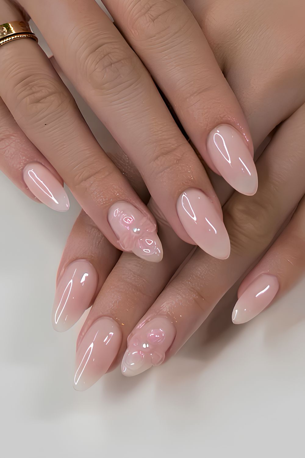 Milky pink nails with 3D florals