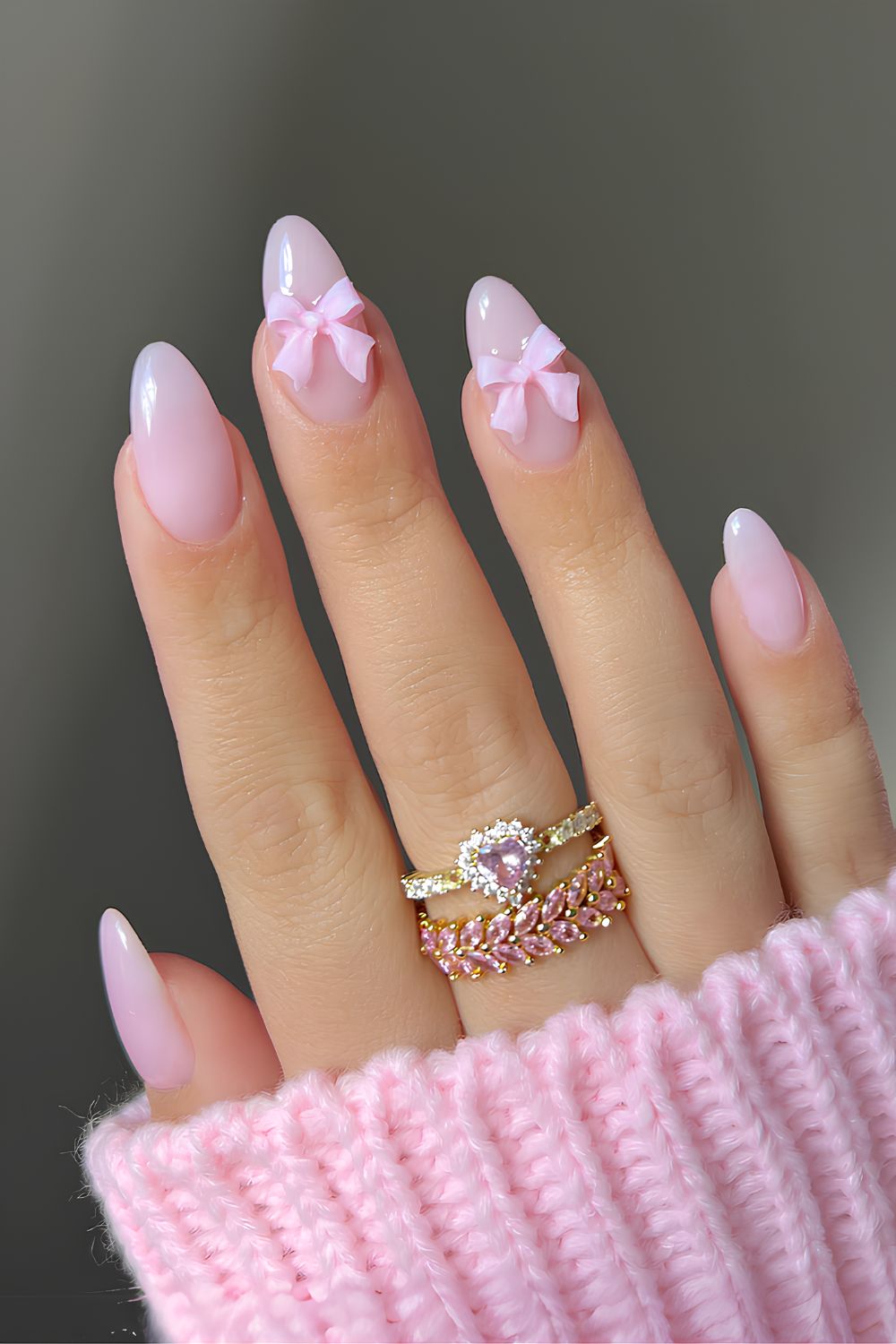 Milky pink nails with coquette bows