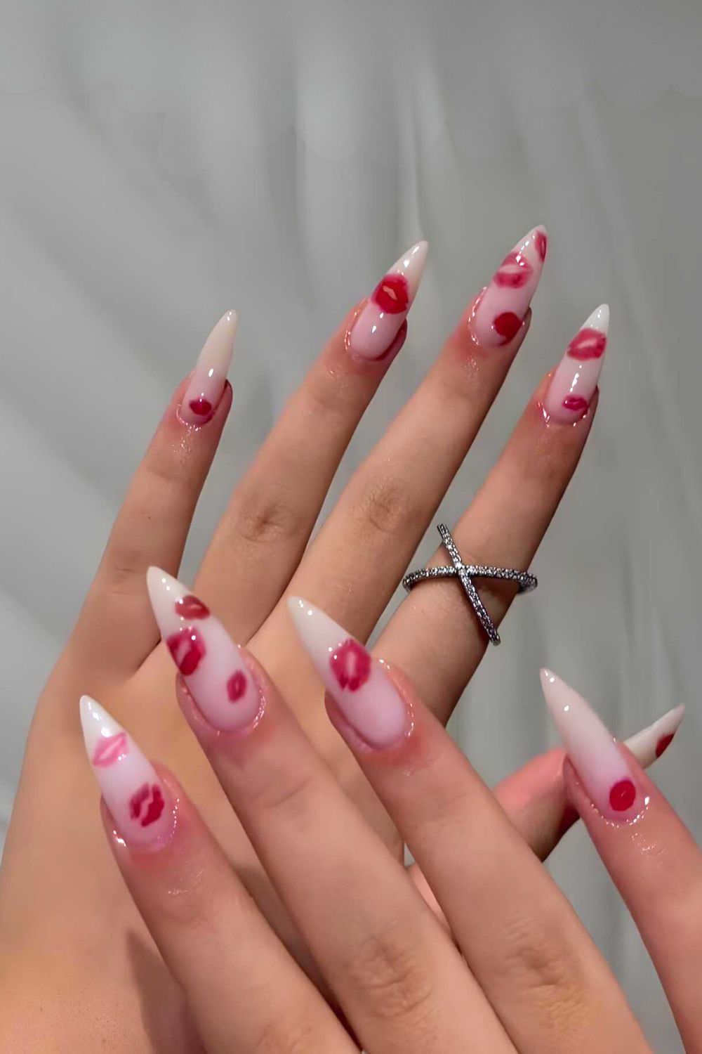 Milky white nails with kiss print details