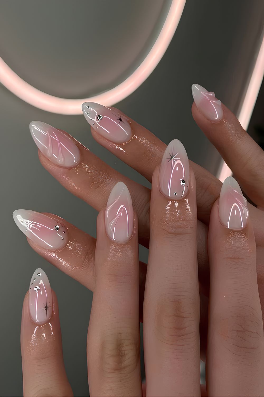 Milky white nails with pink blush effect