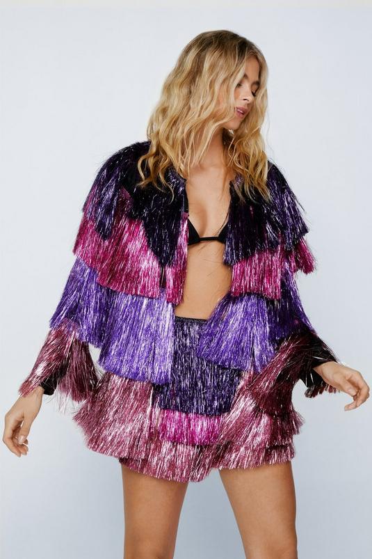 Black, pink and purple Nasty Gal Metallic Tiered Tinsel Fringe Open Front Jacket