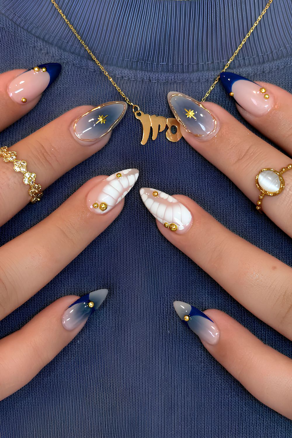 Navy and white mix and match mani