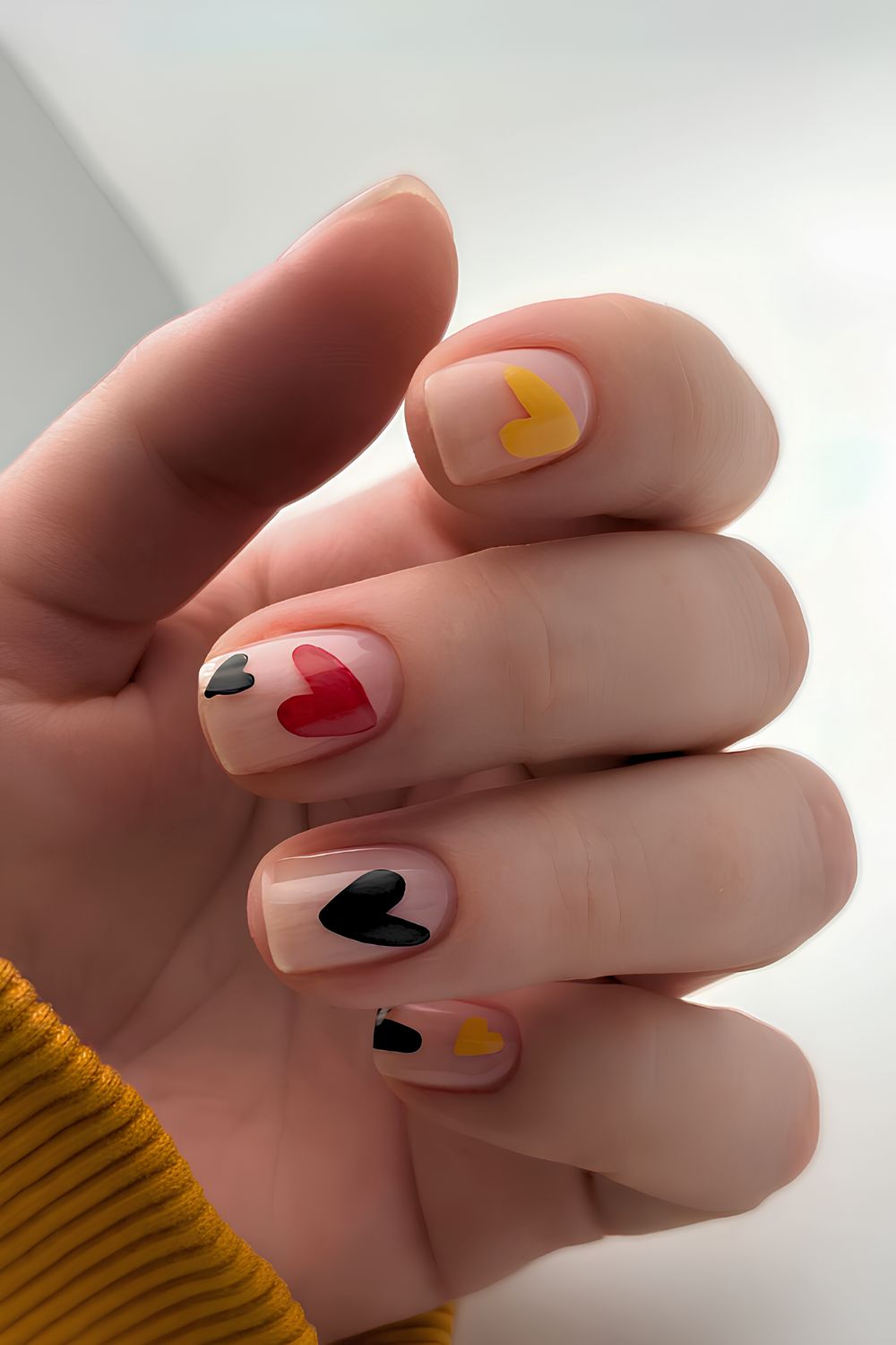 Neutral nails with chunky black, yellow and red hearts