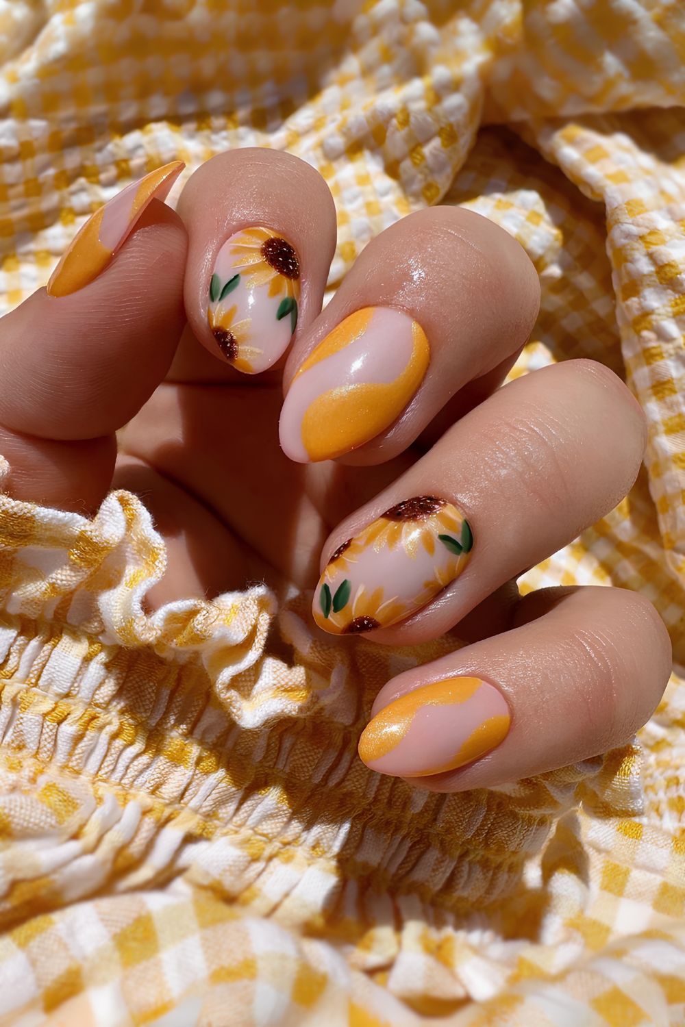 Orange mani with sunflowers and negative space accent