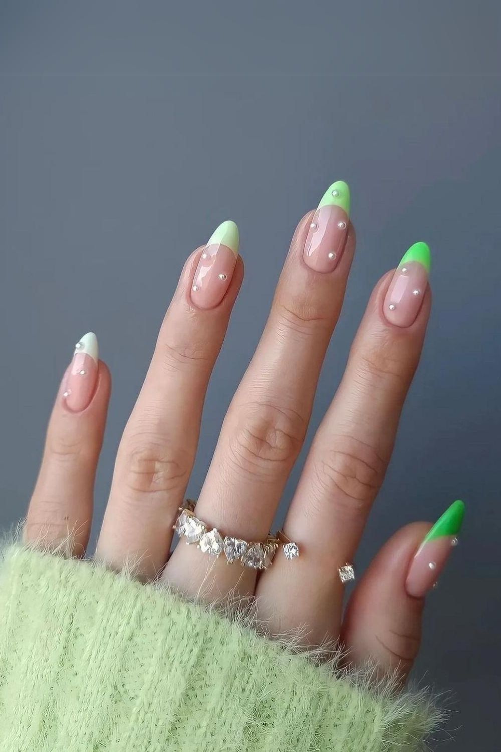 Green french tips with pearls