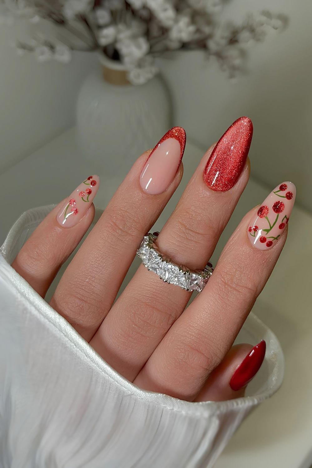 Red velvet nails with cherry art