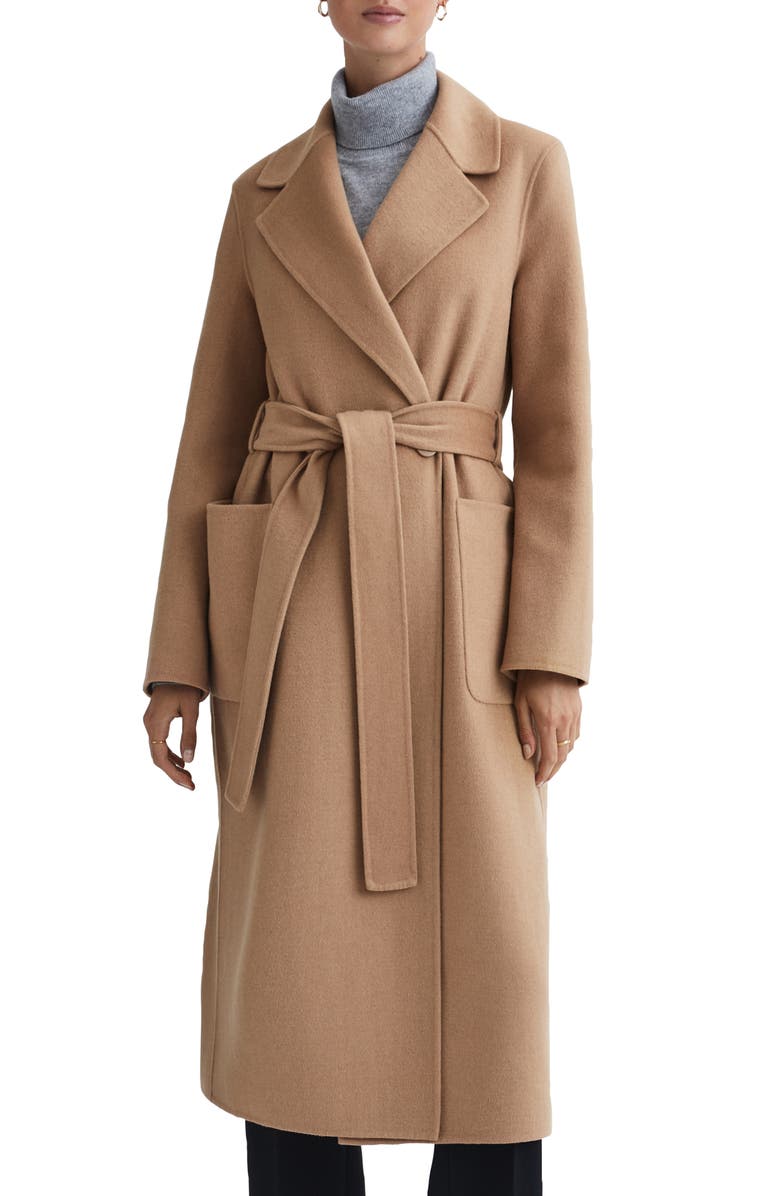 Camel Reiss Lucia Belted Wool Blend Coat 