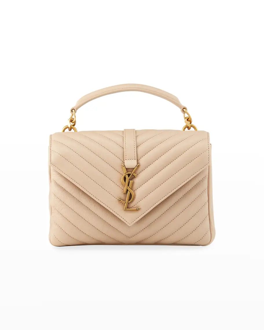 Beige Saint Laurent College Medium YSL Matelasse Lambskin V-Flap Crossbody Bag with Golden Hardware