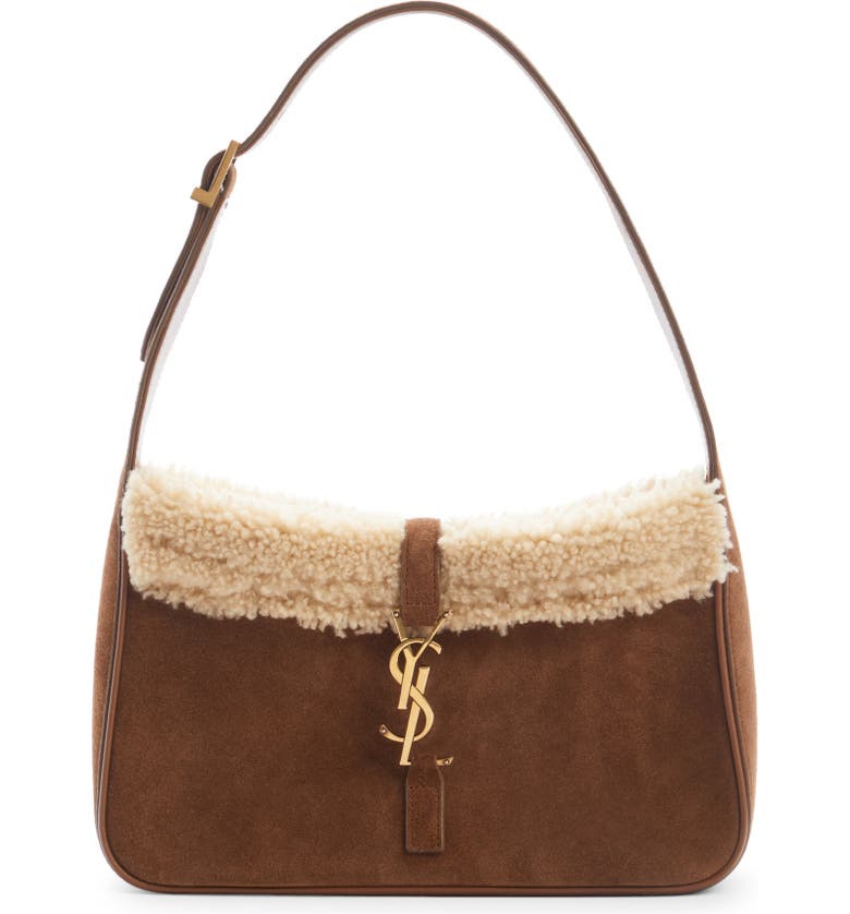 Brown and ivory Saint Laurent Le 5 à 7 Suede & Genuine Shearling Hobo 