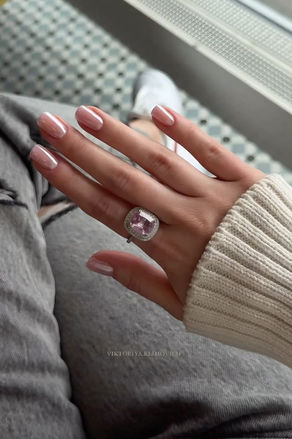 Soft pink chrome-finish nails