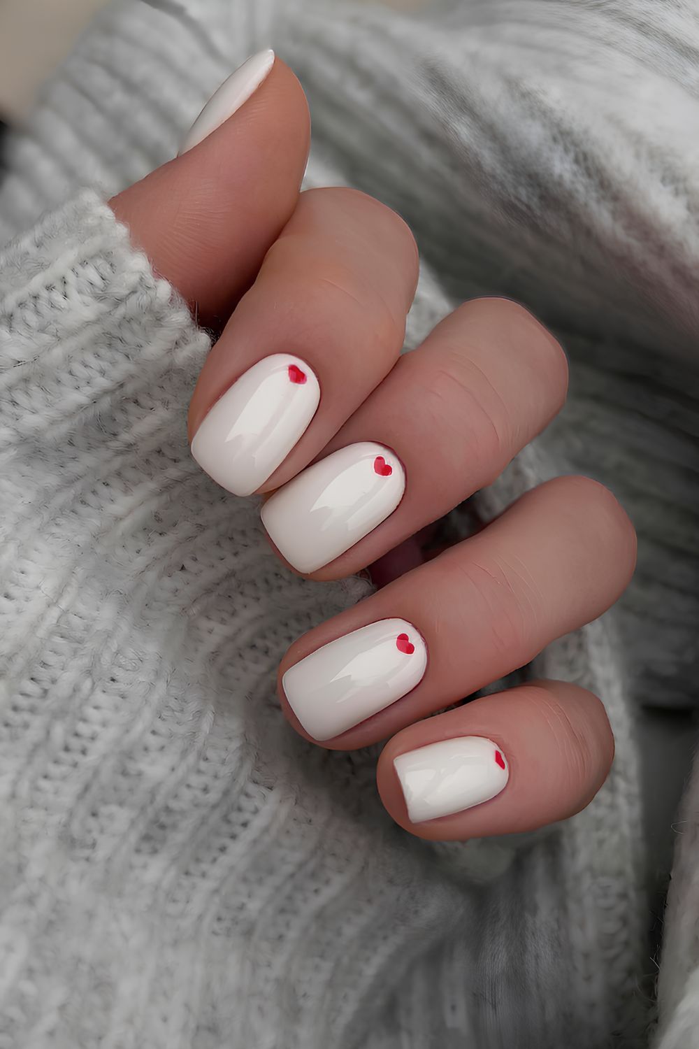 Solid white nails with red heart accents