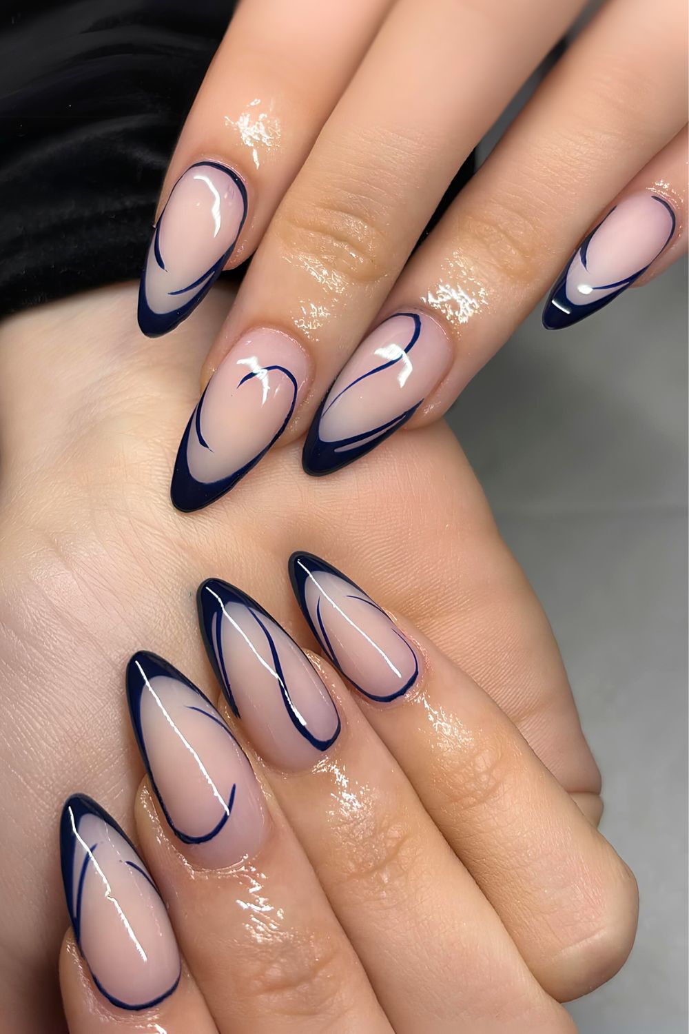 Swirly navy blue French manicure