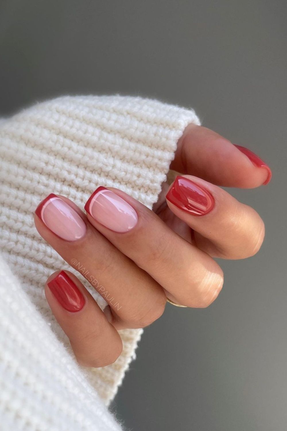 Terracotta red mani with double french tip accents