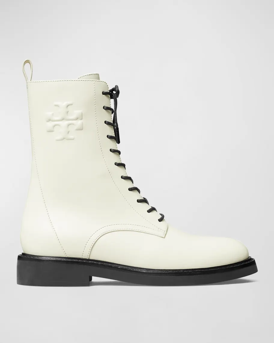 White and black Tory Burch Logo Embossed Lace-Up Combat Boots 