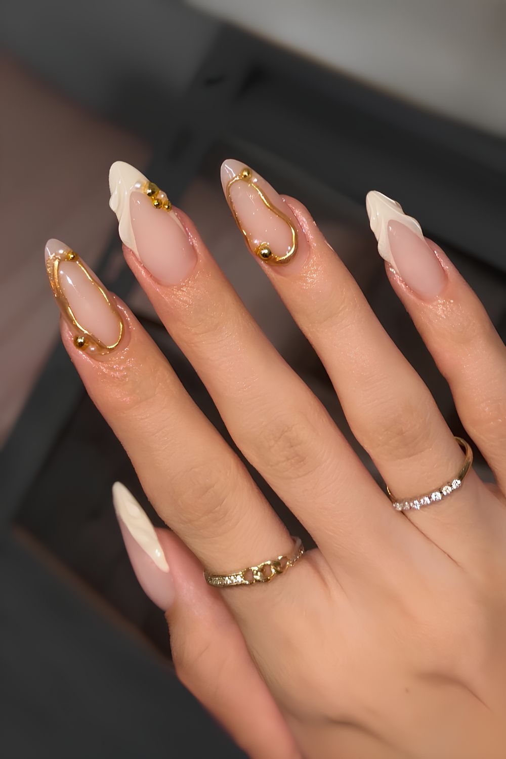 Vanilla French mani with gold chrome accents