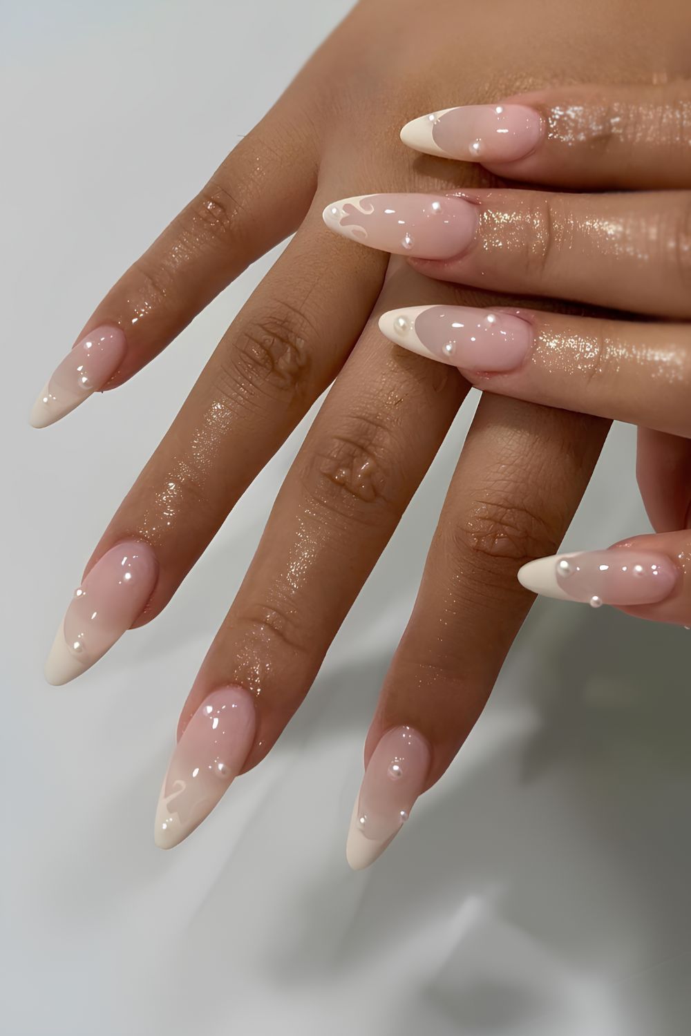 Vanilla french mani with pearls and hearts