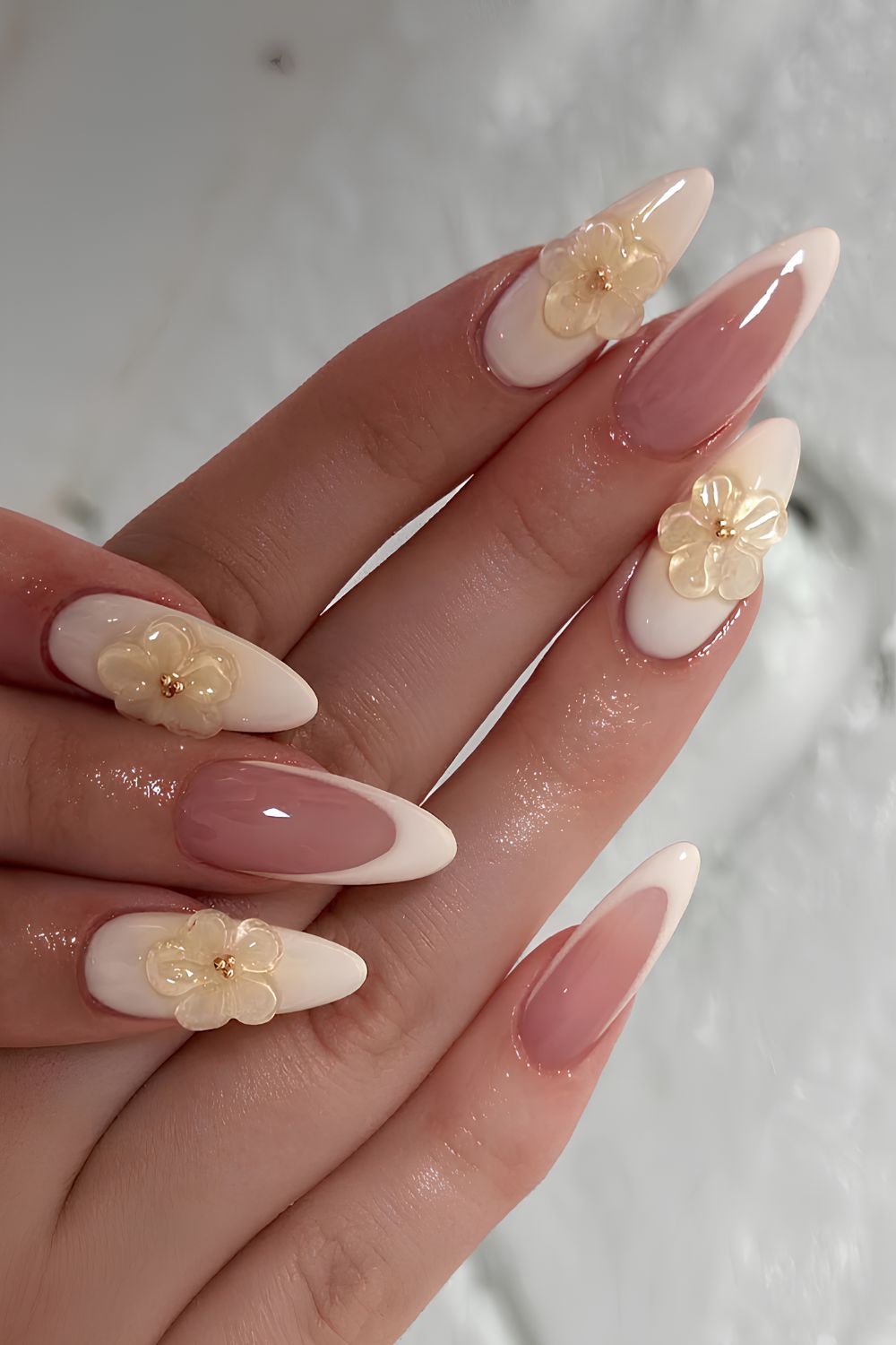 Vanilla nails with 3D accent flowers