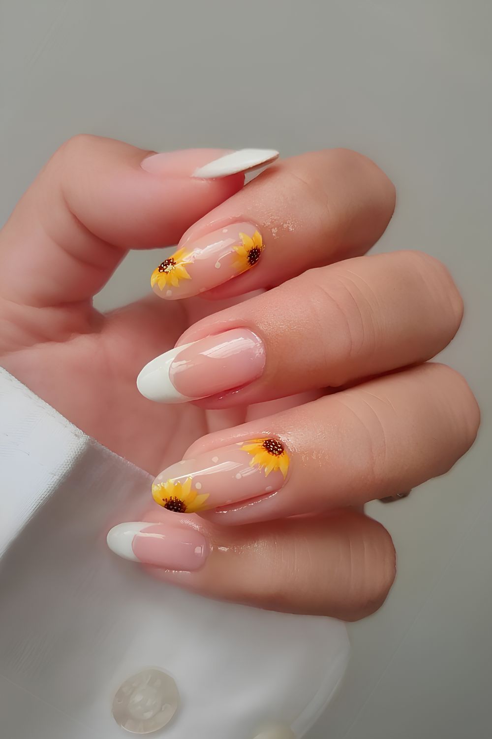 White French mani with sunflowers