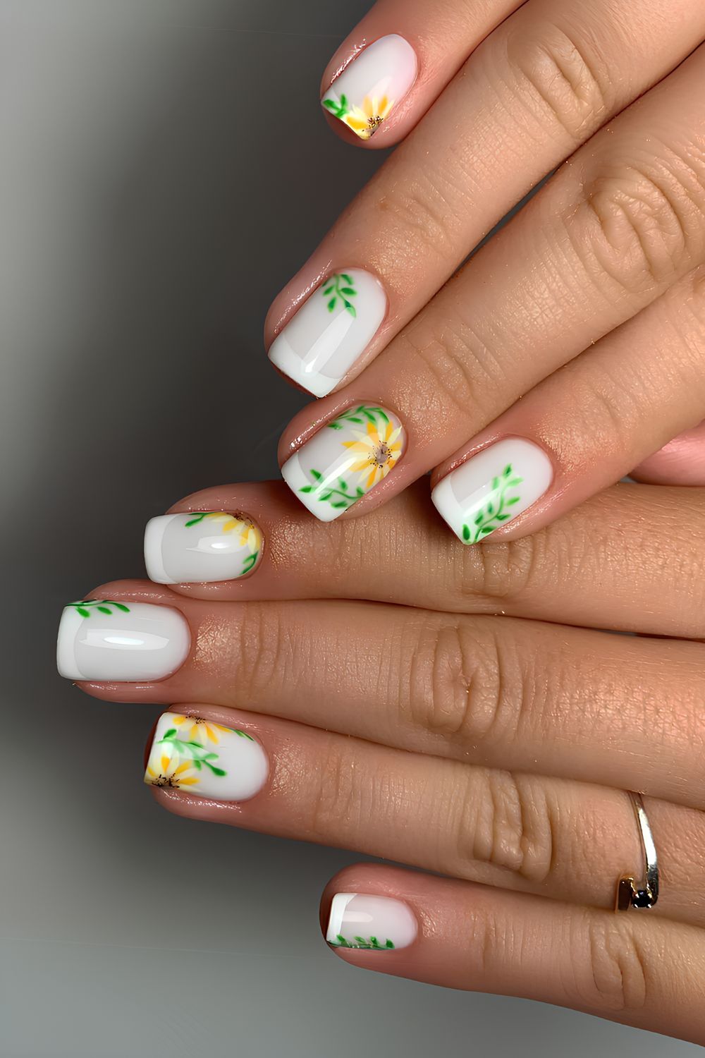 White nails with sunflower art