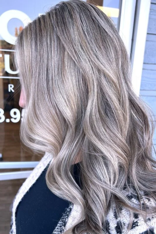 Highlights and lowlights blending gray hair naturally.