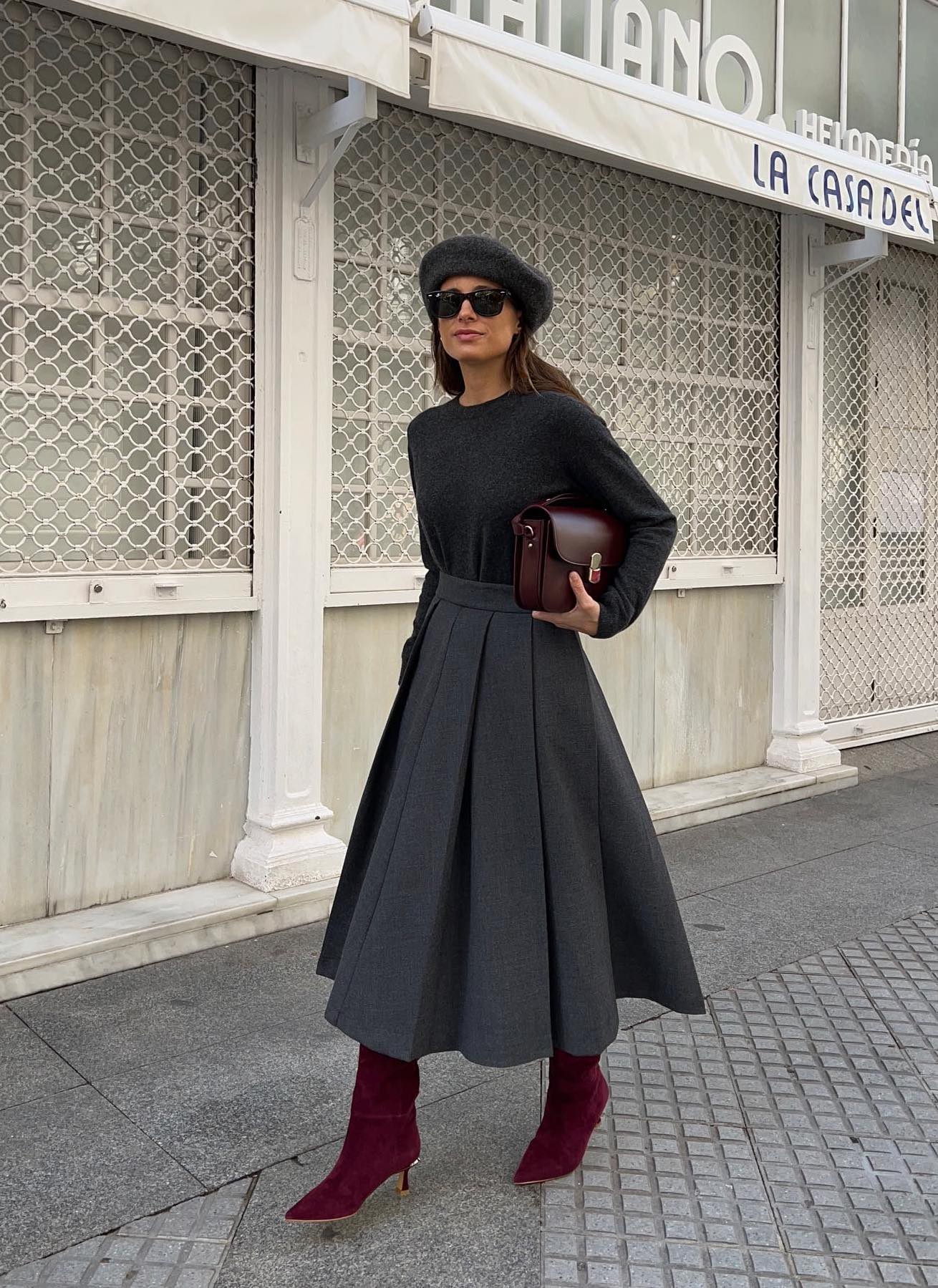 Grey maxi skirt outfit with suede burgundy boots