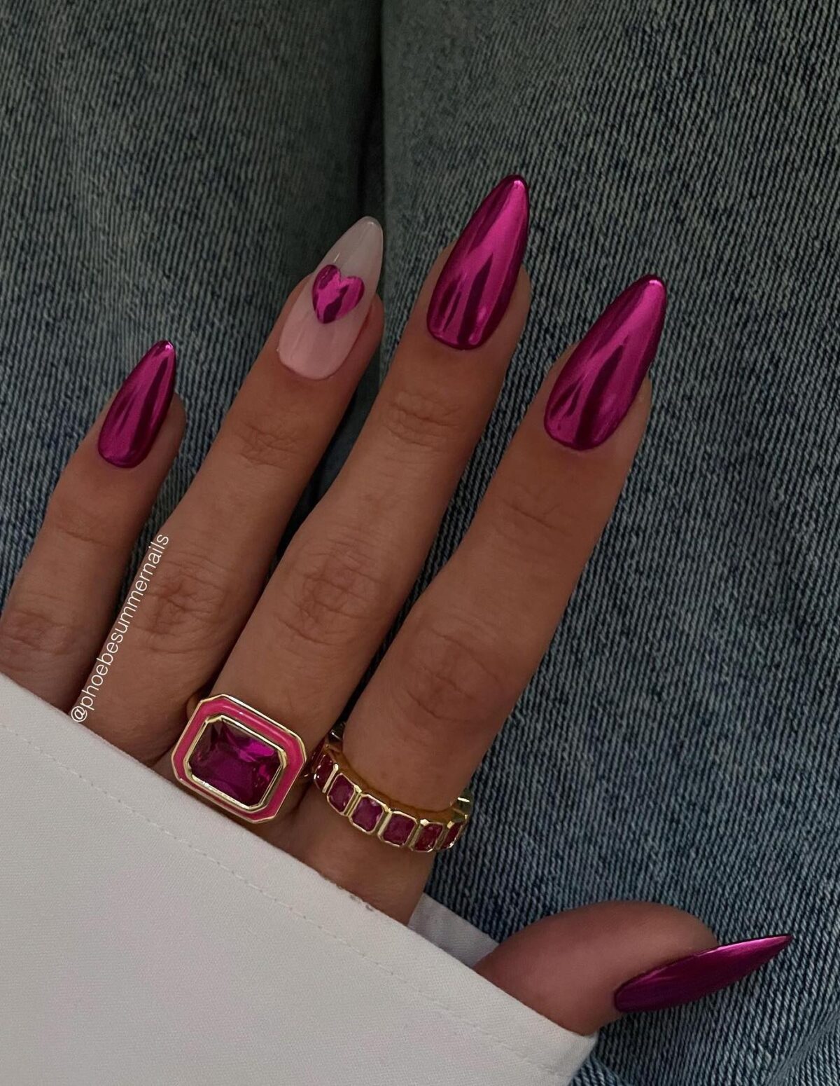 Hot pink chrome nails with a heart